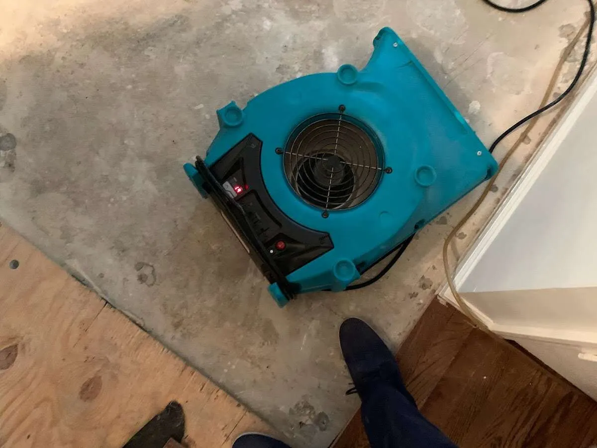 Air mover drying subfloor during Commercial Water Damage Restoration in Uxbridge